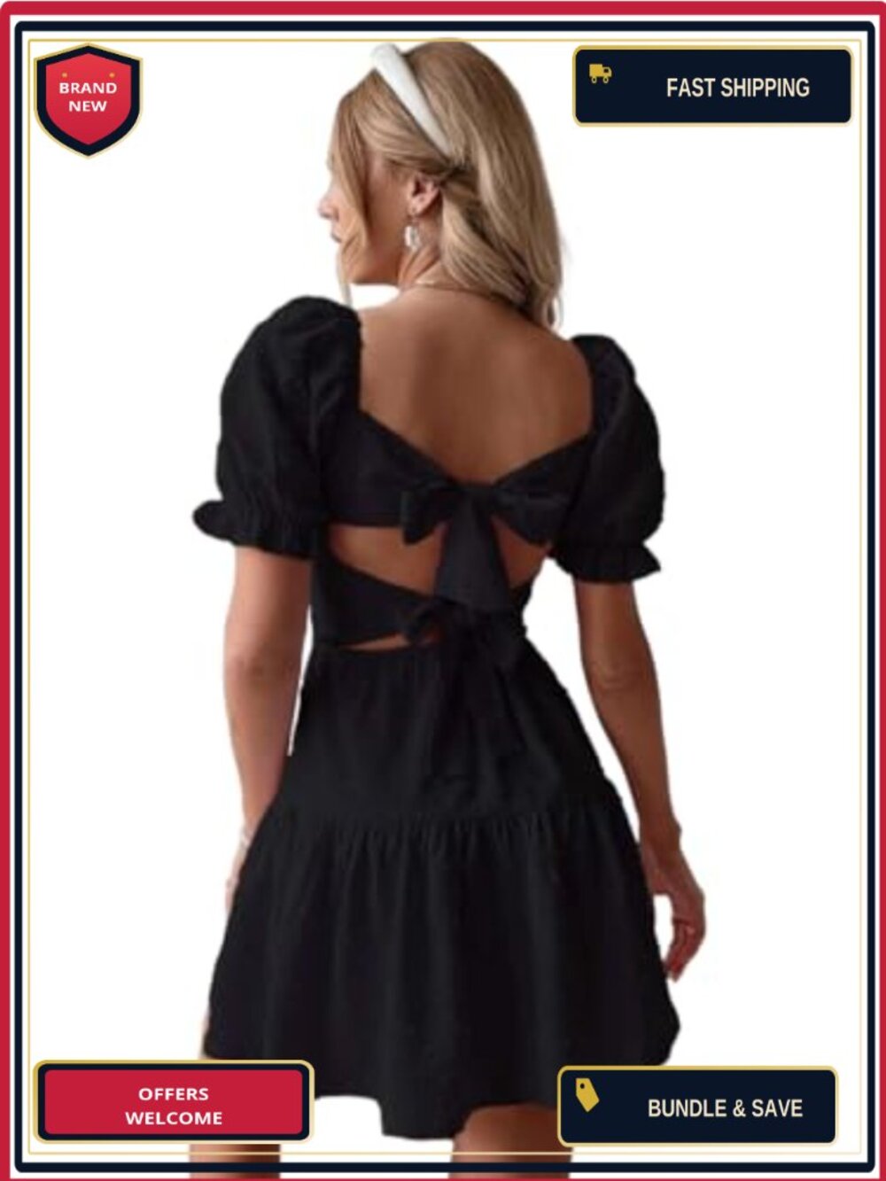 Women's Swiss Dot Ruffle Hem Tie Backless Mini Dress, Flowy Casual Summer Dress